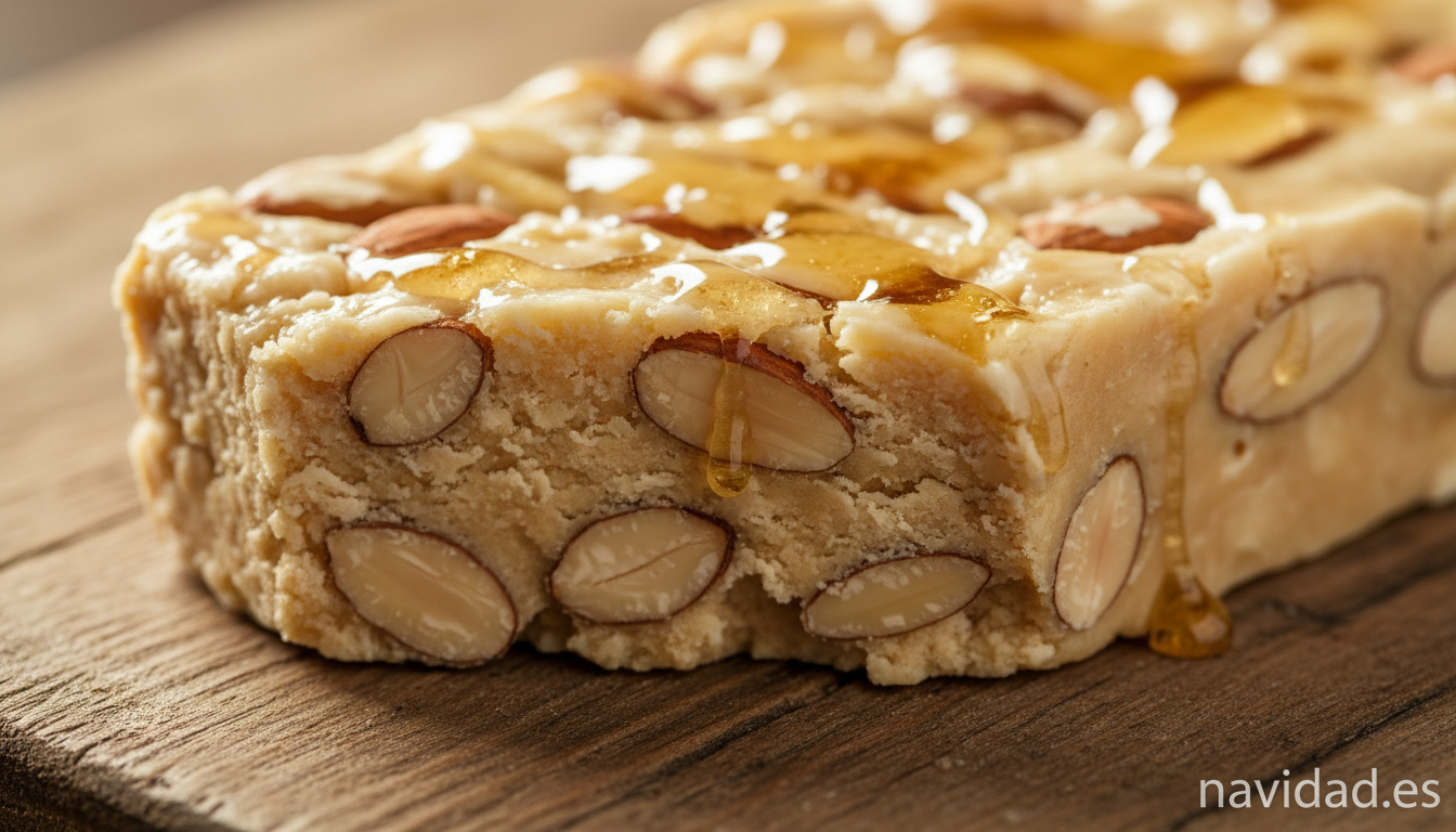 Detalle de turron de Jijona tradicional con almendra marcona y miel