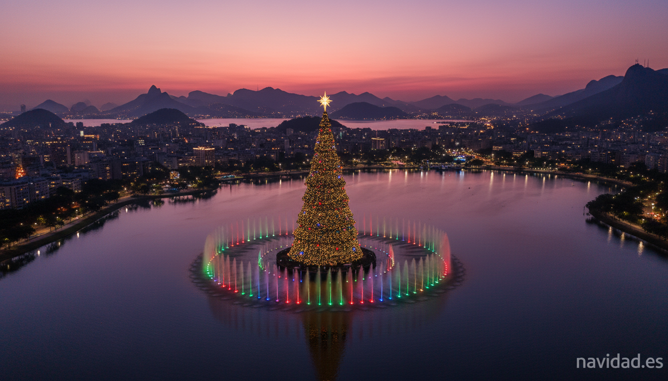 Vista aerea del arbol de Navidad flotante de Rio de Janeiro con espectaculo de chorros de agua iluminados