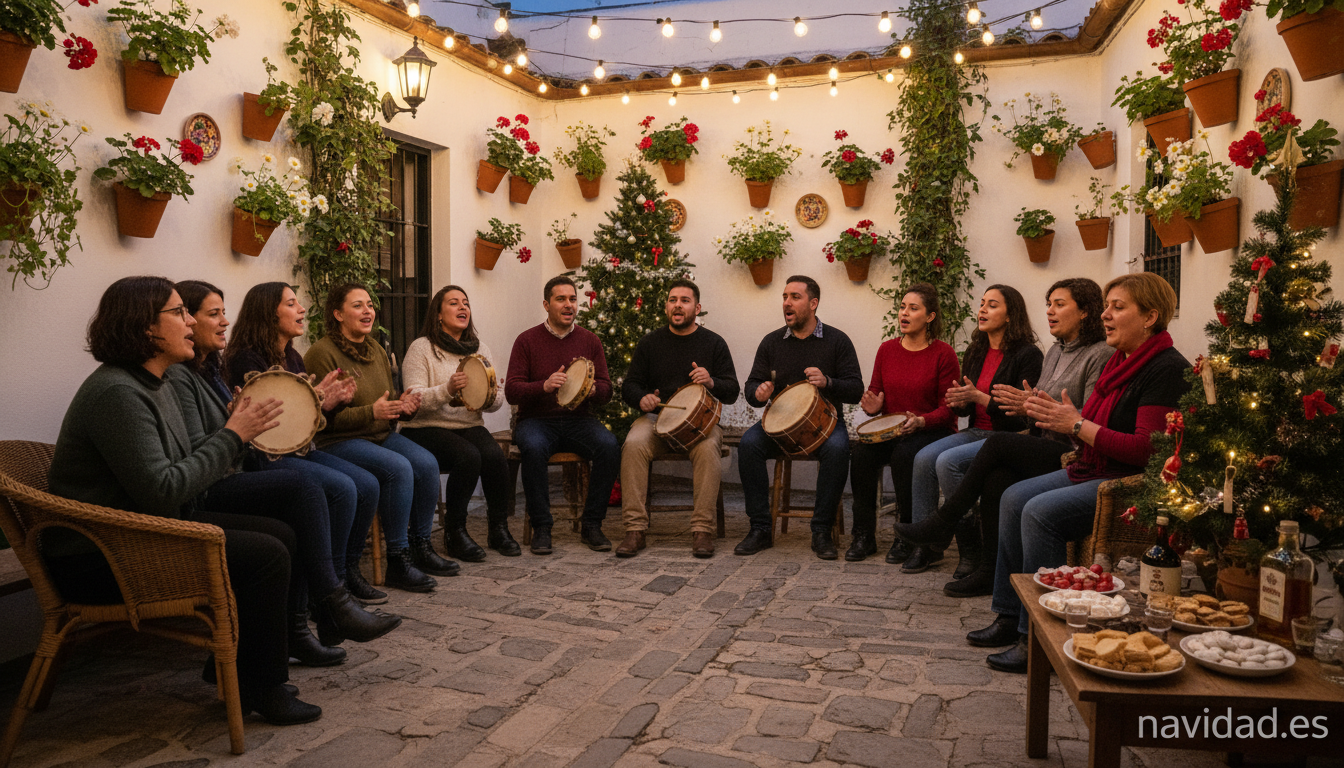 Zambomba navideña andaluza con vecinos cantando villancicos en un patio