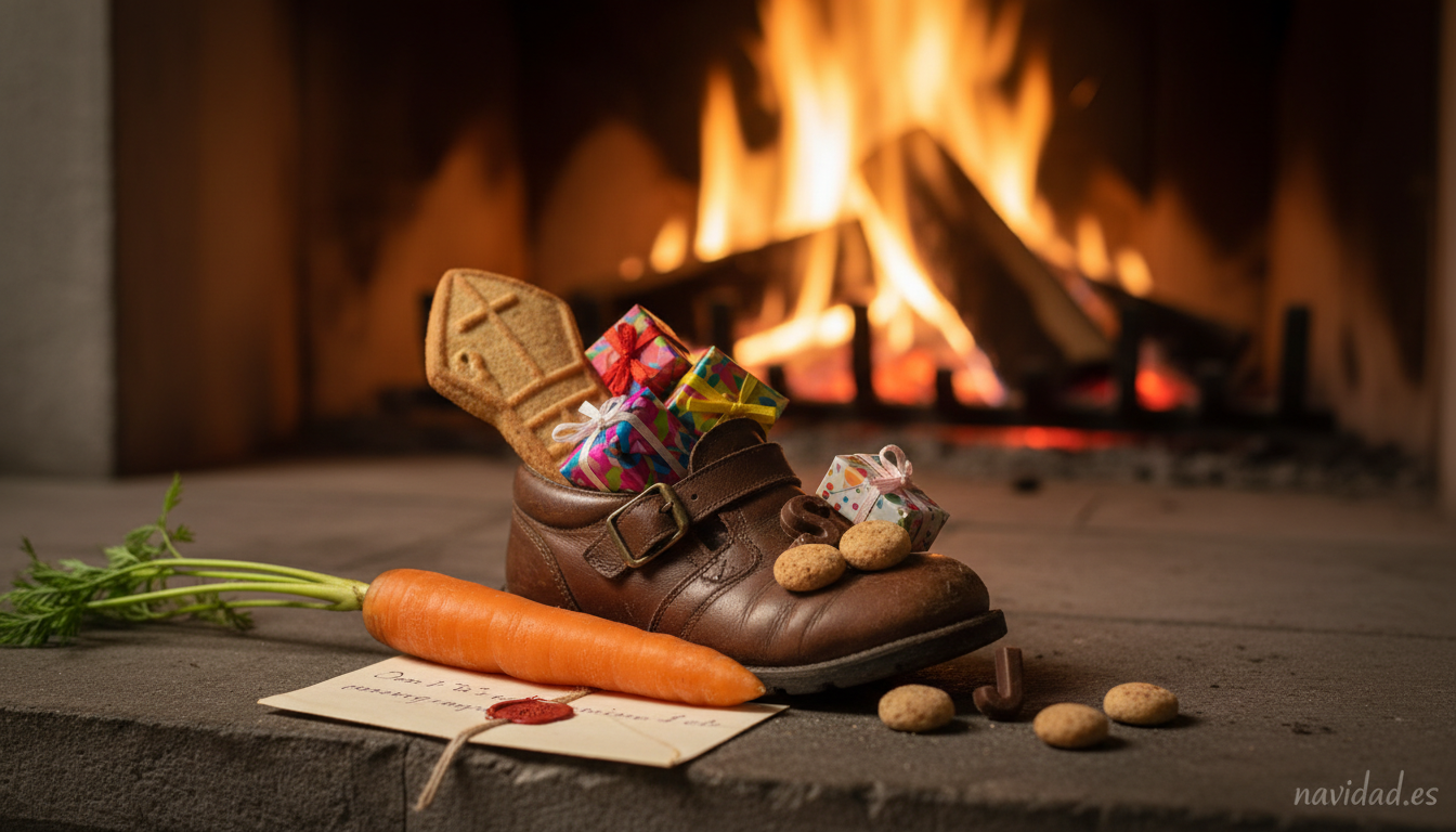 Zapato de niño junto a la chimenea con regalos, zanahoria y dulces típicos de Sinterklaas