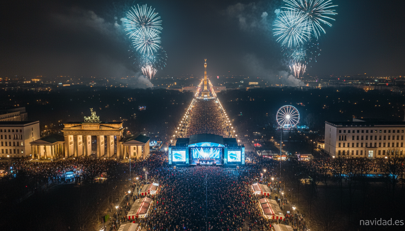 Vista aerea de la milla festiva de Berlin con escenarios y multitud en Nochevieja