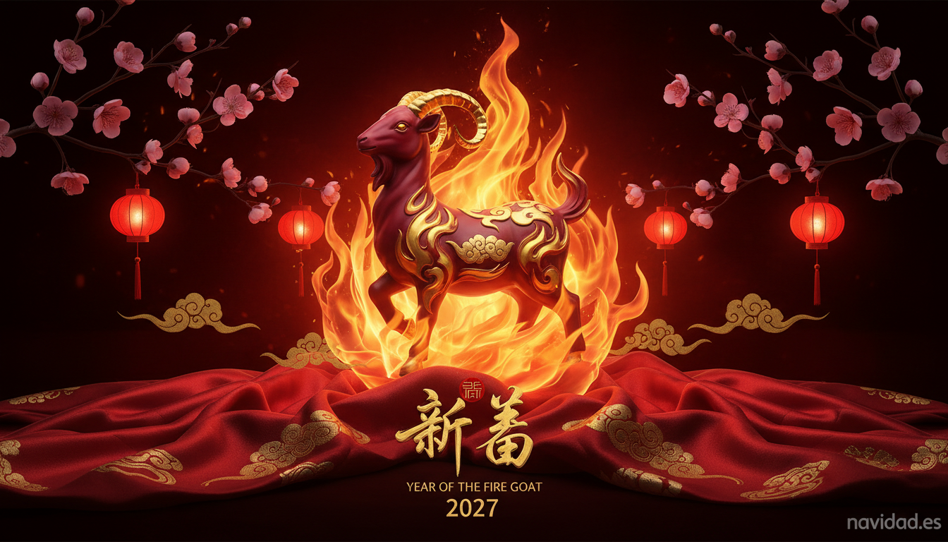 Figura de cabra zodiacal china rodeada de fuego para el año 2027