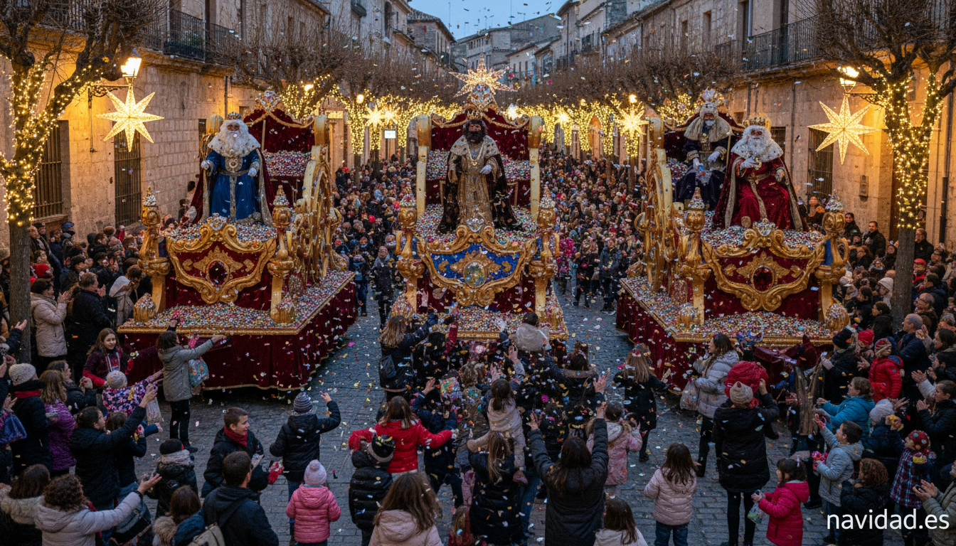 Cabalgata de Reyes Magos en una calle espanola