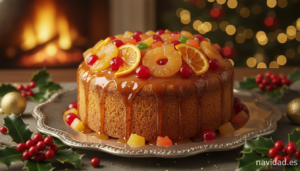 Christmas sponge cake decorated with colorful candied fruits and honey glaze on top, elegant platter, Christmas table sett...