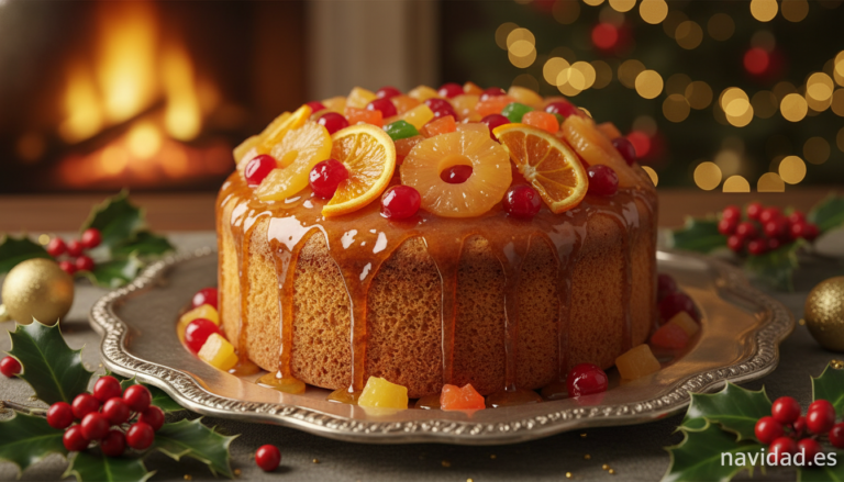 Christmas sponge cake decorated with colorful candied fruits and honey glaze on top, elegant platter, Christmas table sett...