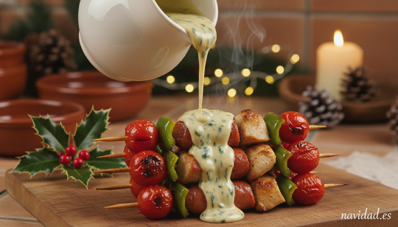 Salsa de queso azul sobre brochetas navideñas