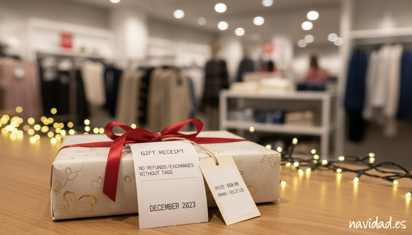 Ticket de regalo navideño junto a un paquete envuelto para cambio en tienda