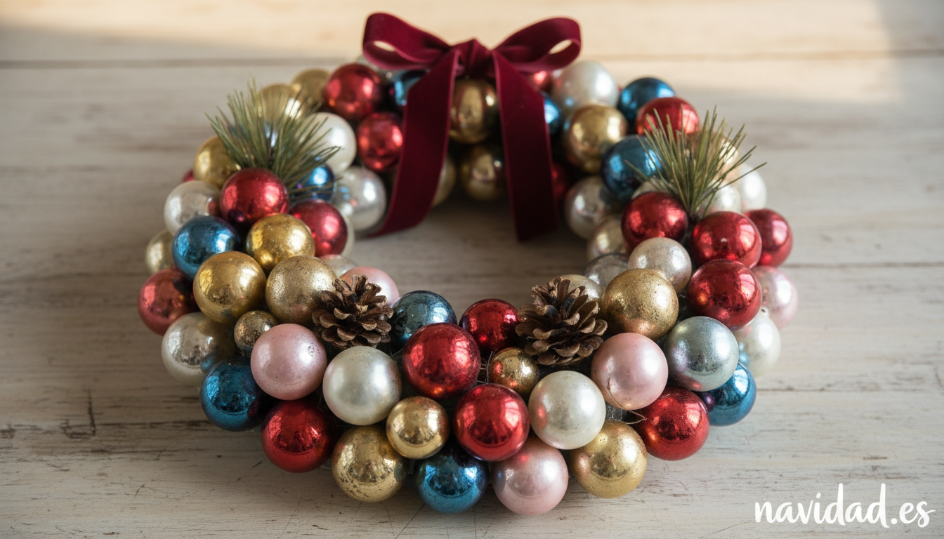 Corona navideña hecha con bolas de Navidad antiguas recicladas de varios colores