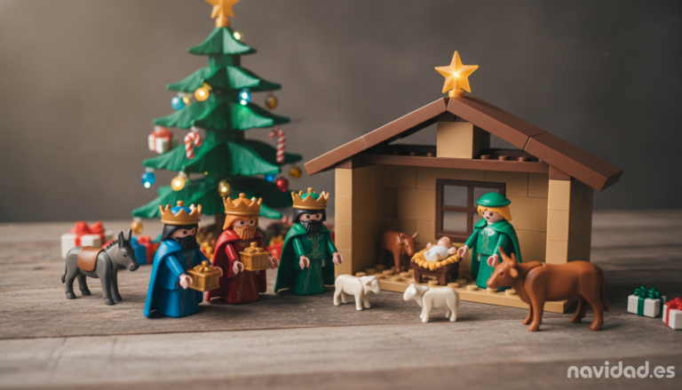Collection of colorful Playmobil Christmas nativity scene figurines arranged on a wooden surface, wise men, stable, baby J...