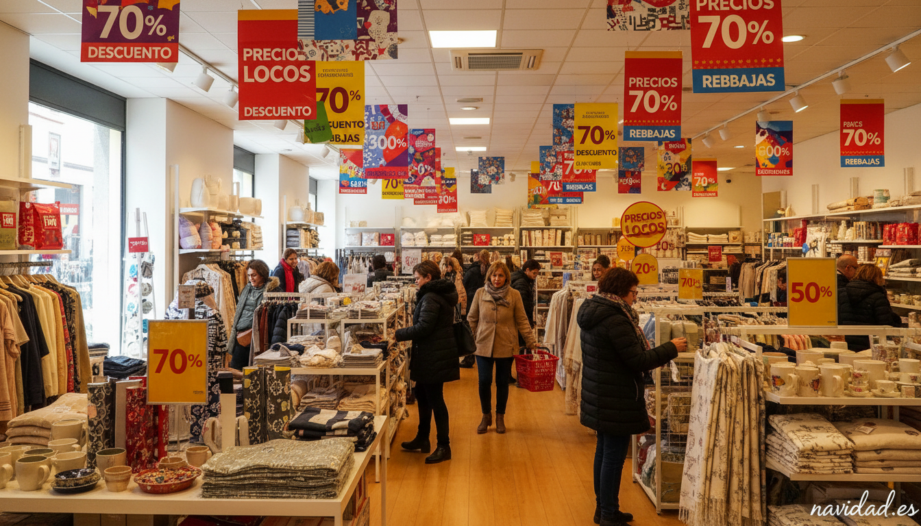 Carteles de rebajas de enero en tienda española con ofertas de temporada