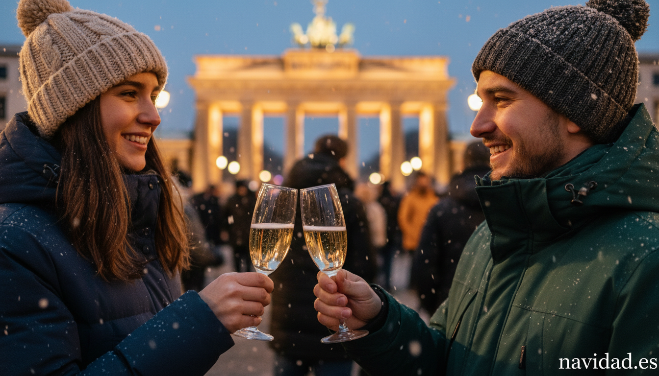 Pareja brindando con Sekt durante la Nochevieja en Berlin