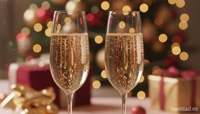 Elegant champagne glasses with golden bubbles rising in soft Christmas light, festive bokeh background with warm gold and ...