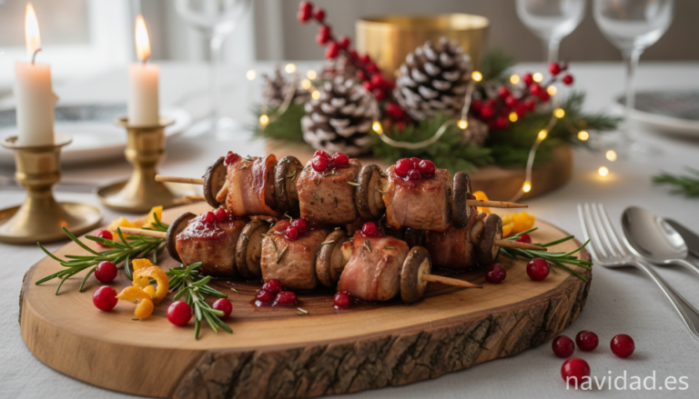 Elegant Christmas pork tenderloin skewers with mushrooms and bacon wrapped, served on a rustic wooden board with Christmas...