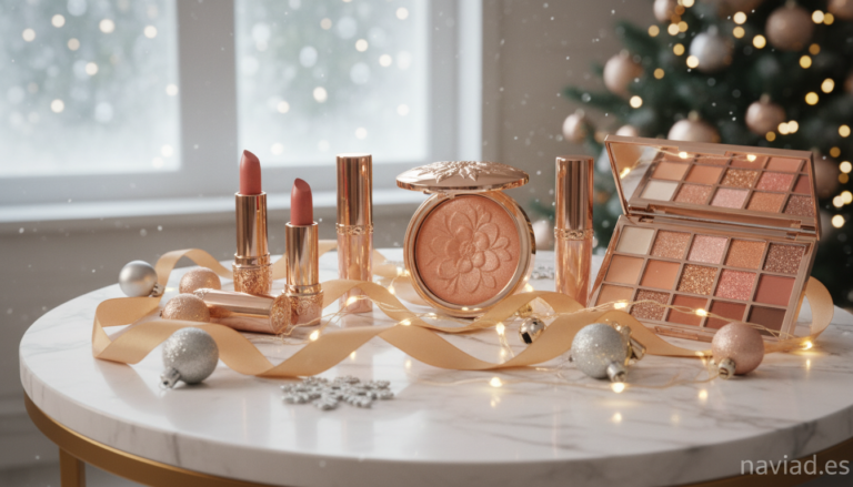 Elegant luxury makeup collection for Christmas gift, pink and peach tones lipstick blush eyeshadow palette arranged beauti...