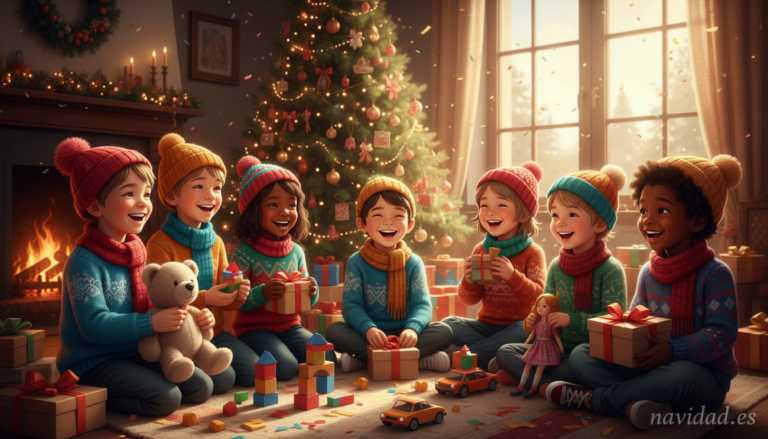 Happy children in colorful clothes playing together with toys, smiling faces, diverse group of kids receiving Christmas gi...