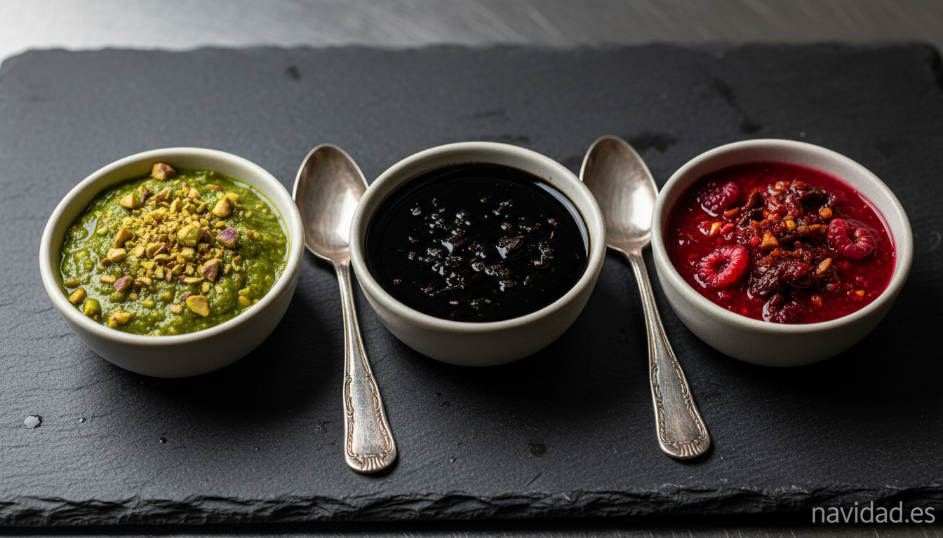 Mojo de pistachos, ceniza de puerro y mojo de escaramujo en cuencos para emplatar la lubina