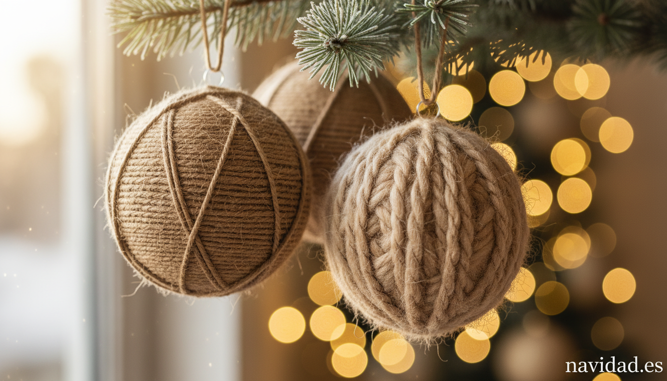 Bolas de Navidad recicladas envueltas en lana y yute colgando de una rama de pino