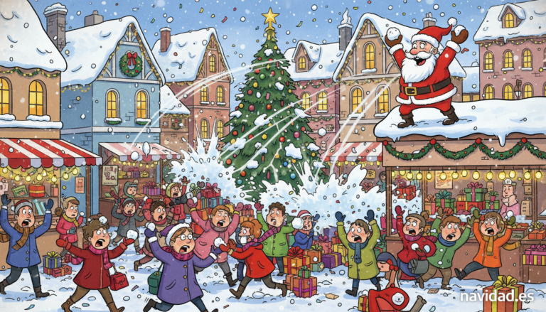 Santa Claus throwing snowballs at a crowd of frantic shoppers in a snowy Christmas town, cartoon style with bright colors,...