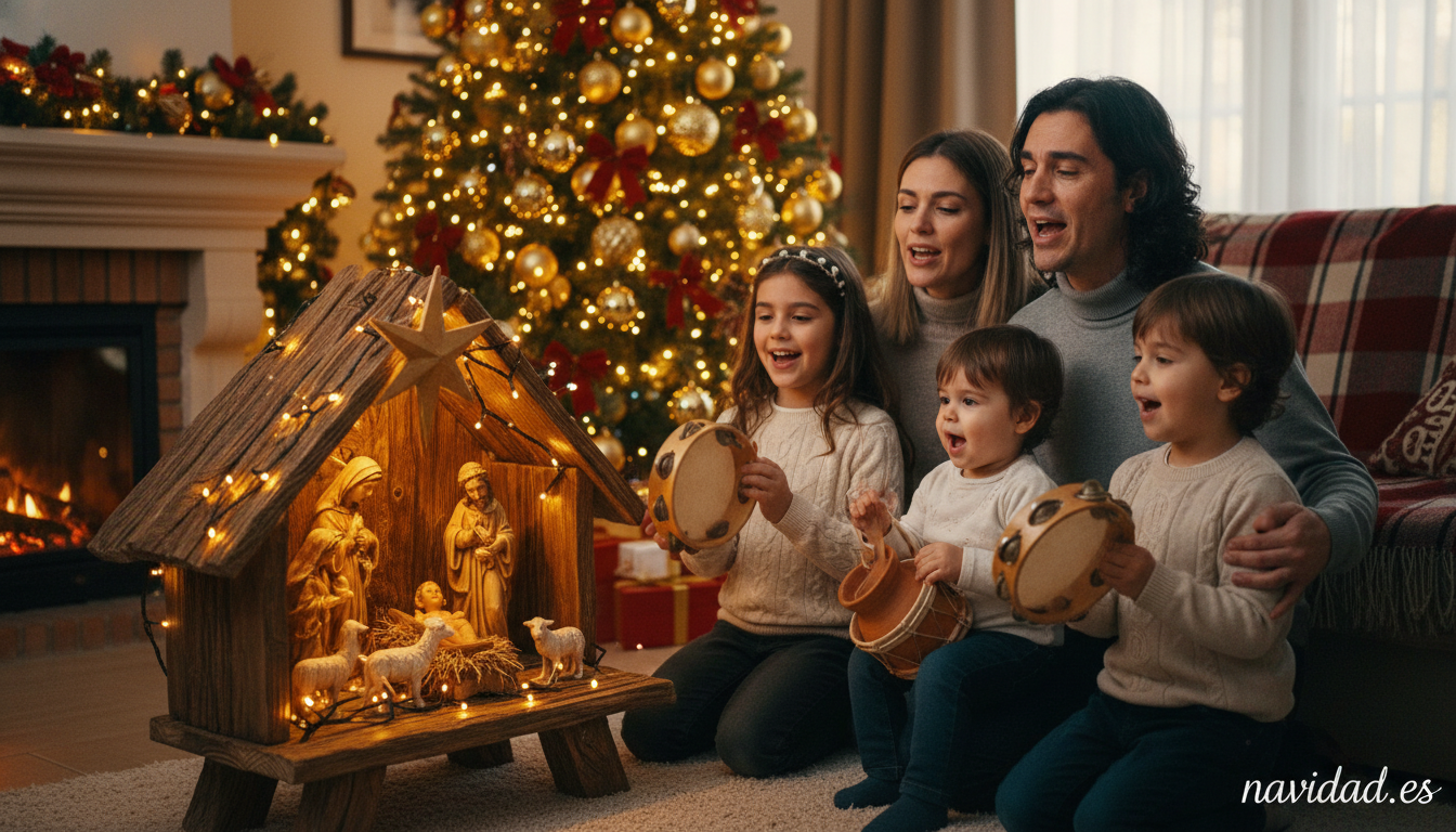 Ninos cantando villancicos de Reyes con panderetas en casa