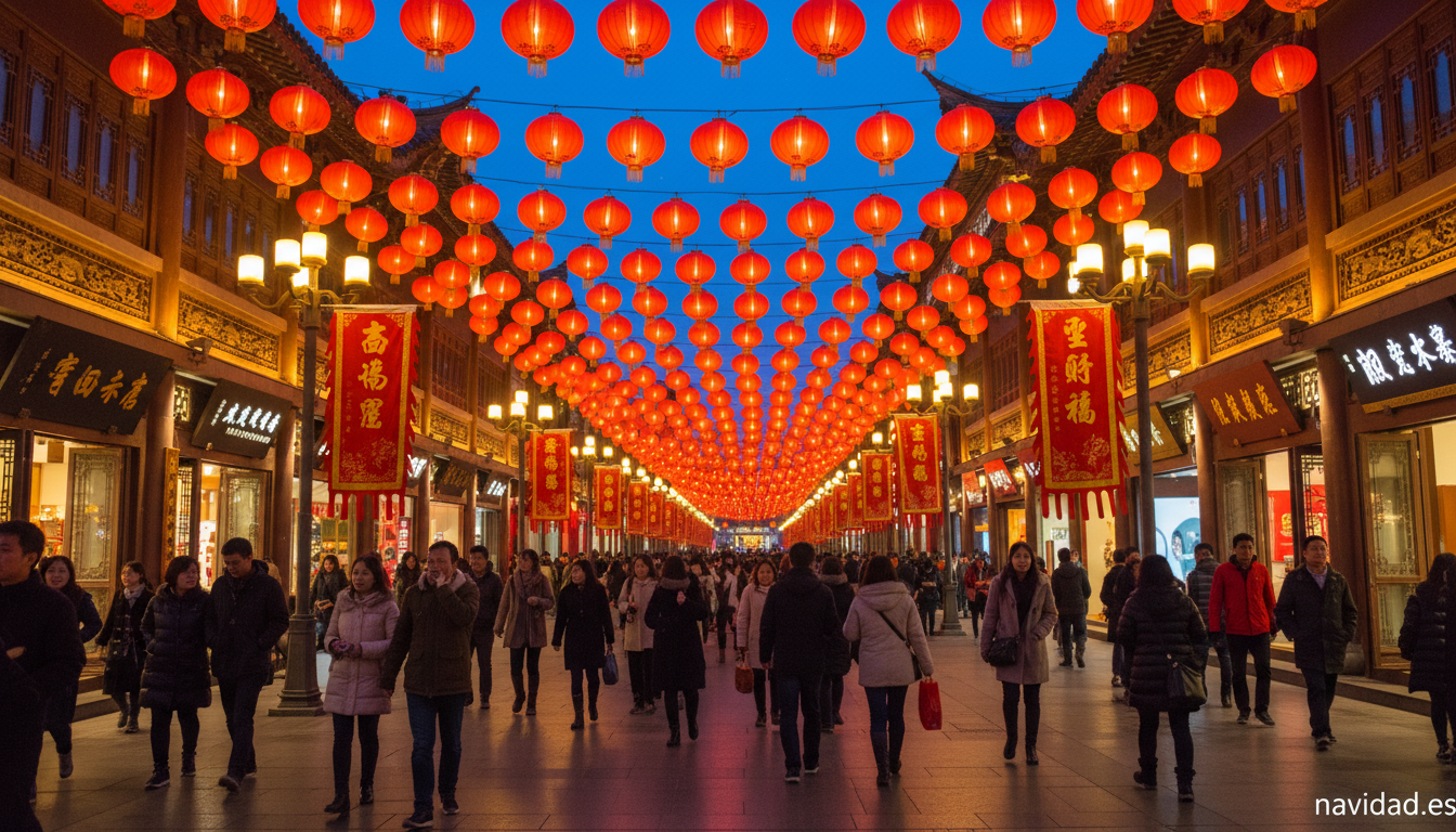Calle de Pekín decorada con farolillos rojos para el año nuevo chino