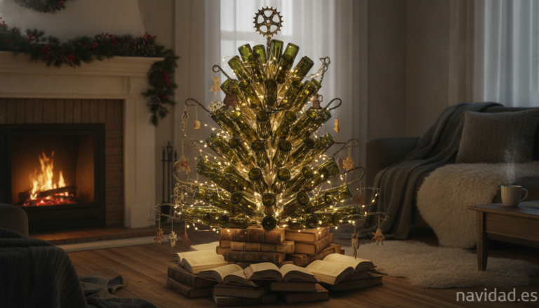 A creative and original Christmas tree made from unexpected objects: stacked books, wine bottles, or bicycle parts arrange...