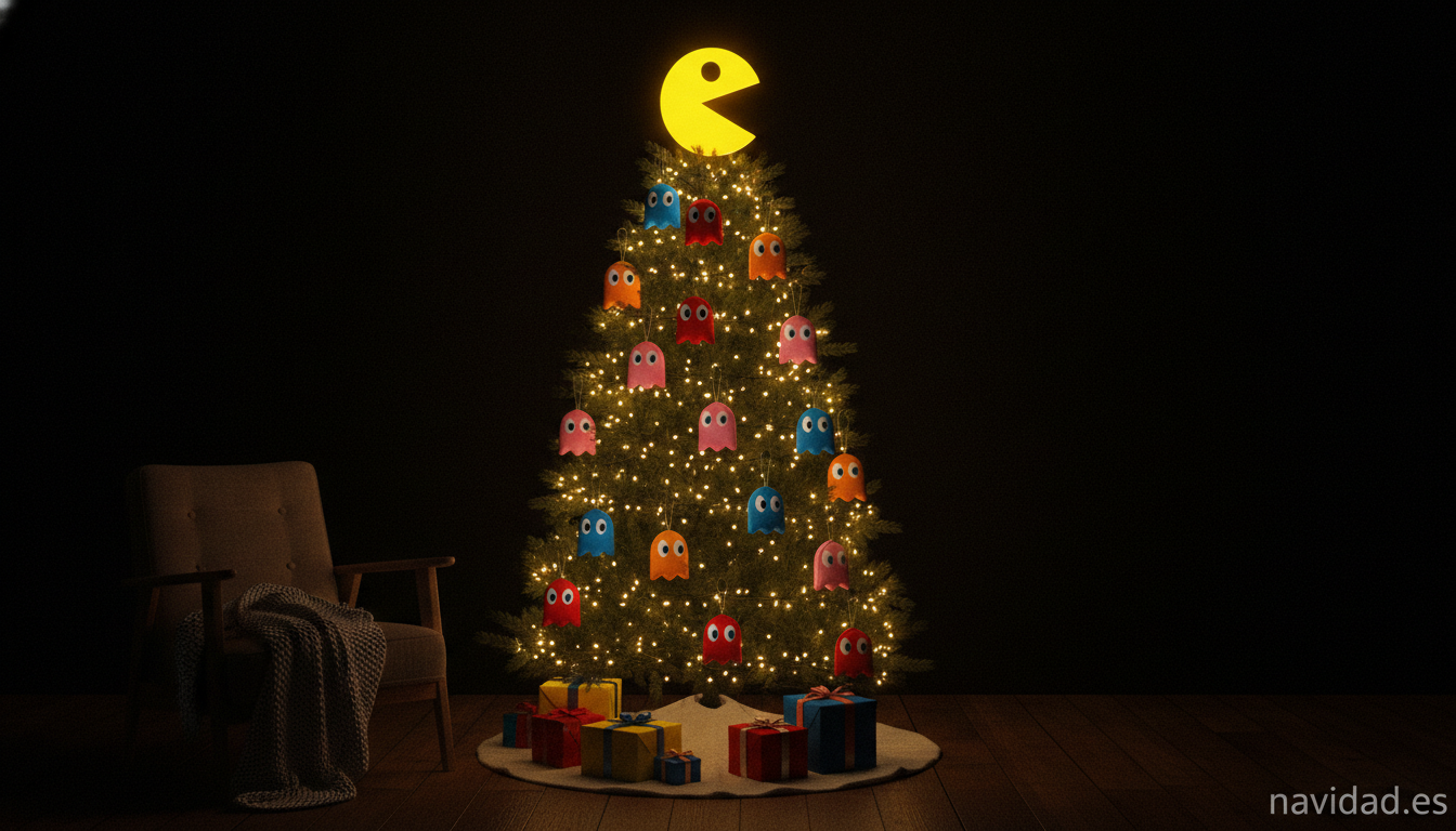 Árbol de Navidad decorado al estilo del videojuego Pac-Man con fantasmitas de colores