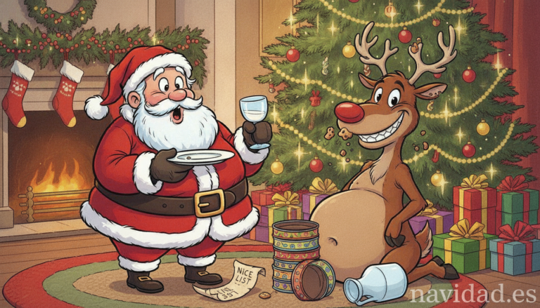 A fun and festive Christmas humor scene with a cartoon Santa Claus looking surprised while a reindeer has eaten all the co...