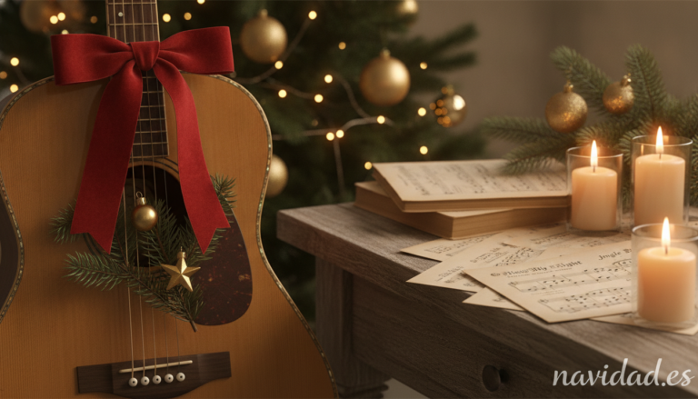 A warm Christmas music scene with an acoustic guitar decorated with a red ribbon, sheet music with Christmas carols on a w...