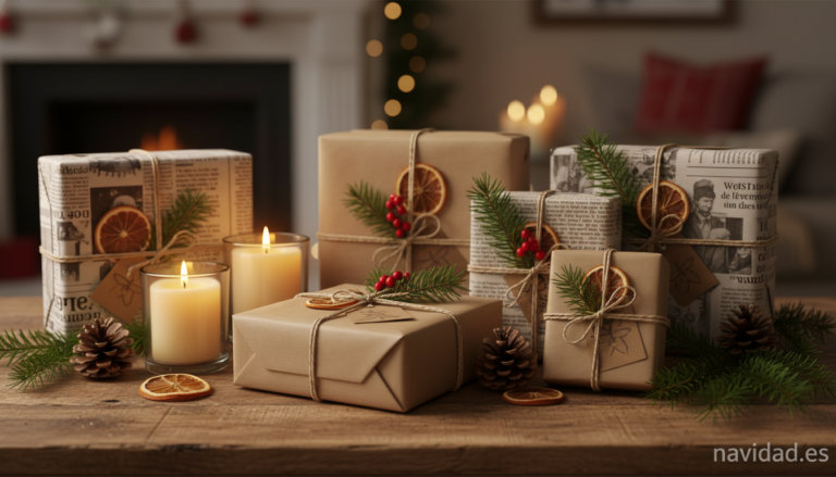 Regalos navideños envueltos en papel reciclado y kraft con decoración natural