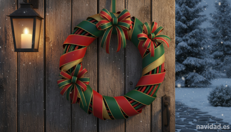 Beautiful handmade Christmas wreath made from flexible hose wrapped with colorful satin ribbons in red, green and gold, ha...
