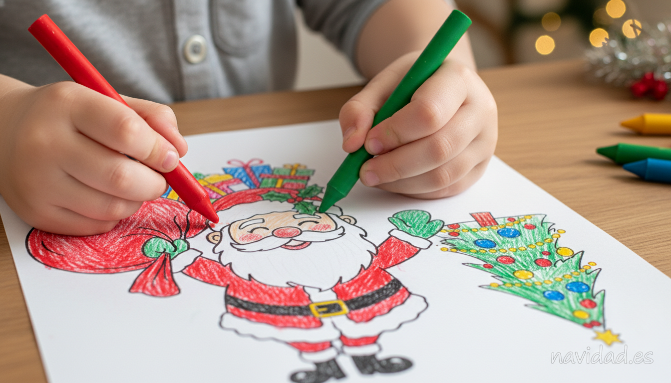 Dibujos de Papá Noel y los renos para colorear en Navidad 1 Niño coloreando dibujo de Papá Noel con lápices de colores
