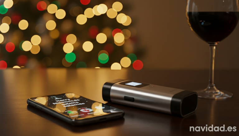 Close-up of a modern portable breathalyzer device on a table next to a smartphone, with a festive Christmas background sho...