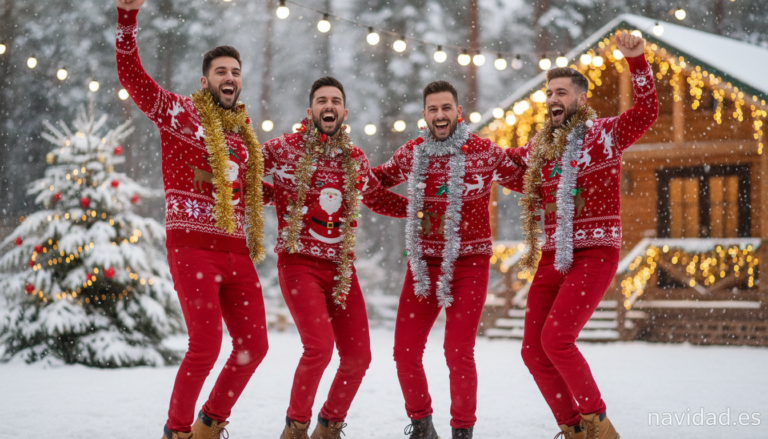 Grupo de personas bailando villancicos navideños con decoración festiva