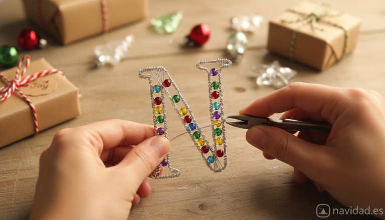 Hands carefully shaping metallic wire into the letter N, with colorful glass beads threaded along the wire, placed on a wo...