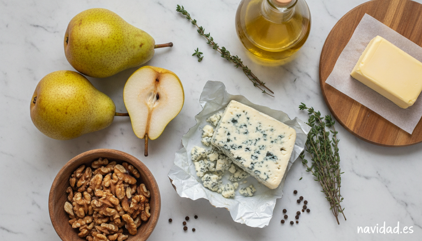 Ingredientes para las peras rellenas: queso azul, peras, nueces, mantequilla y aceite