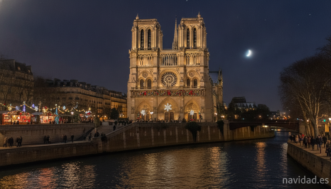 Notre Dame en Navidad 2026: historia, incendio y reapertura 1 Catedral de Notre Dame de París iluminada con luces navideñas en invierno