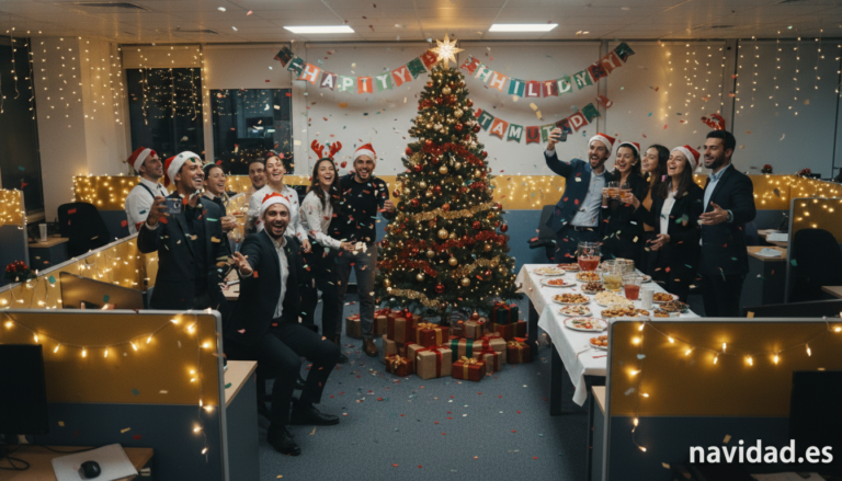 Office workers celebrating Christmas party with team spirit, decorated office with lights and christmas tree, group of che...