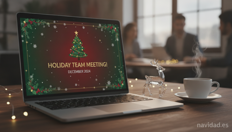 A laptop screen showing a festive Christmas-themed office presentation slide with a decorated tree icon, snowflakes and wa...