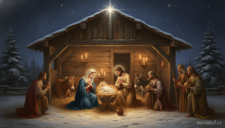 A peaceful nativity scene at night, a wooden stable with soft golden light glowing from within, a starry winter sky above,...