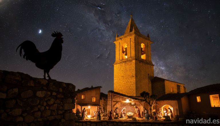 A rooster crowing at midnight silhouetted against a warm illuminated church bell tower, stars in a dark blue sky, small Sp...