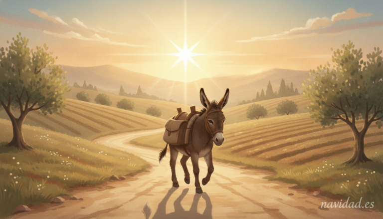 A small brown donkey walking along a warm sandy path at dawn towards a distant nativity star, soft golden morning light, B...