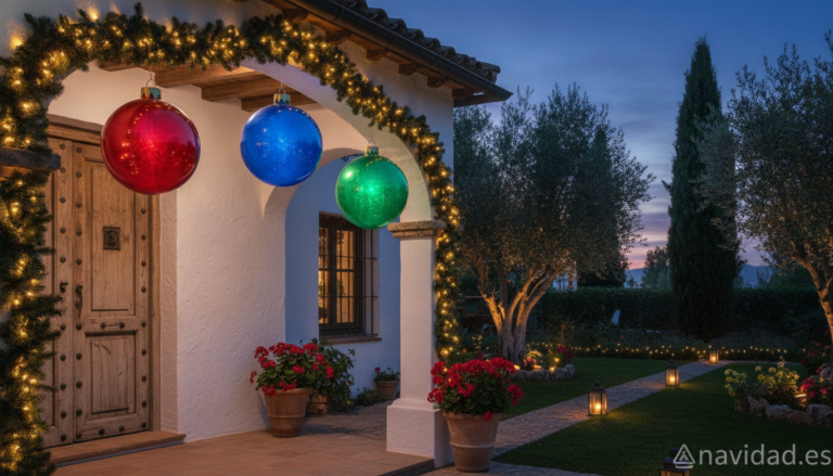 A Spanish house exterior in December decorated with three oversized illuminated Christmas ornament balls in red, blue and ...