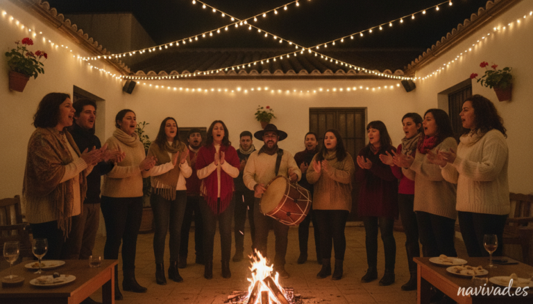 Andalusian zambomba Christmas gathering at night, family and friends singing around a small bonfire courtyard, traditional...