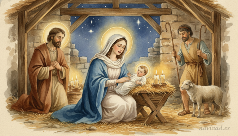 Traditional Spanish nativity scene, Virgin Mary singing a lullaby to baby Jesus in a manger, soft warm candlelight, peacef...