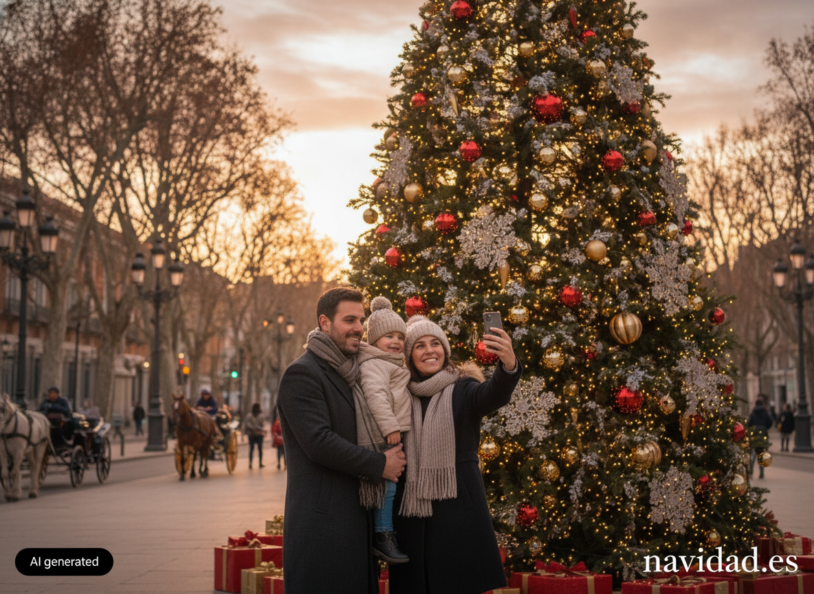 Árboles de Navidad en Madrid: dónde verlos y mejores rincones 2 Familia fotografiando un árbol de Navidad en el Paseo del Prado de Madrid