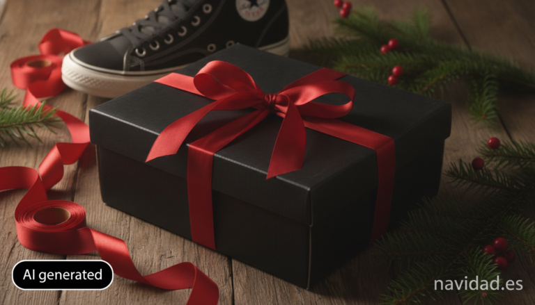 A pair of classic leather high-top sneakers wrapped as a Christmas gift, placed next to festive red ribbon and pine branch...