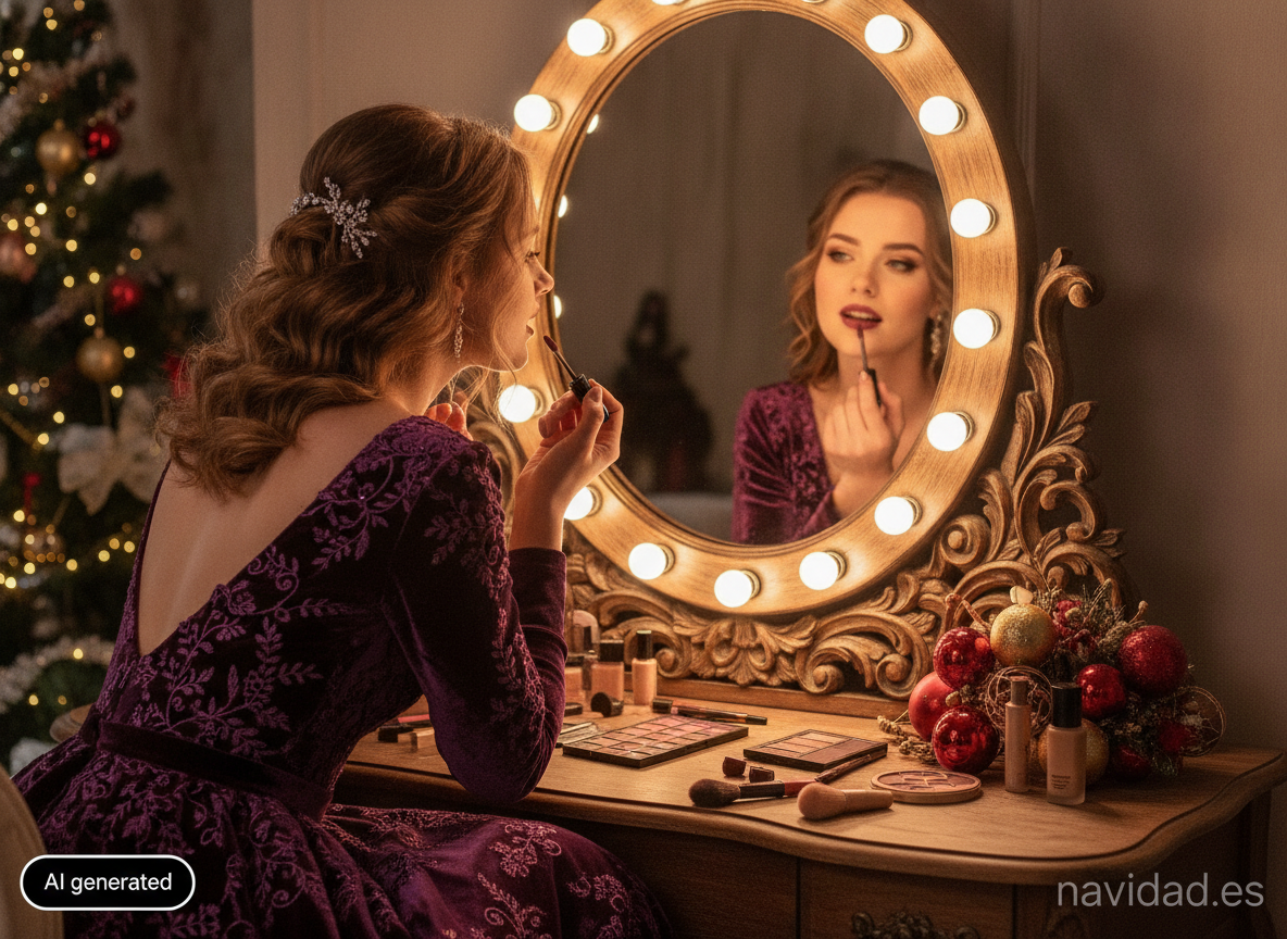 Maquillaje morado para Navidad: cómo llevarlo paso a paso 2 Mujer aplicándose maquillaje morado antes de una fiesta de Navidad