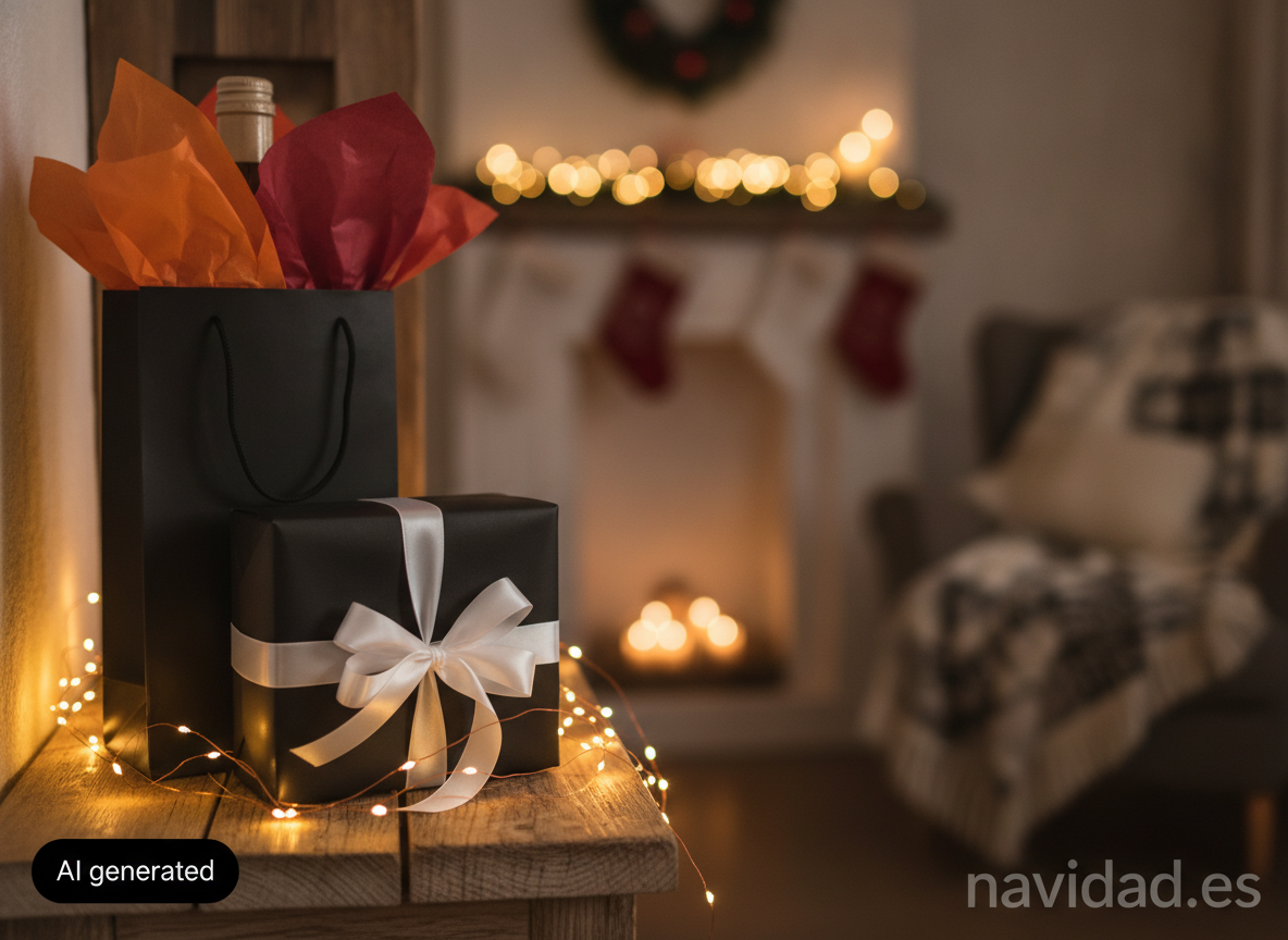 Licor de naranja para regalar en Navidad: historia y cómo servirlo 2 Regalo de Navidad envuelto en formato bolsa para una botella de licor