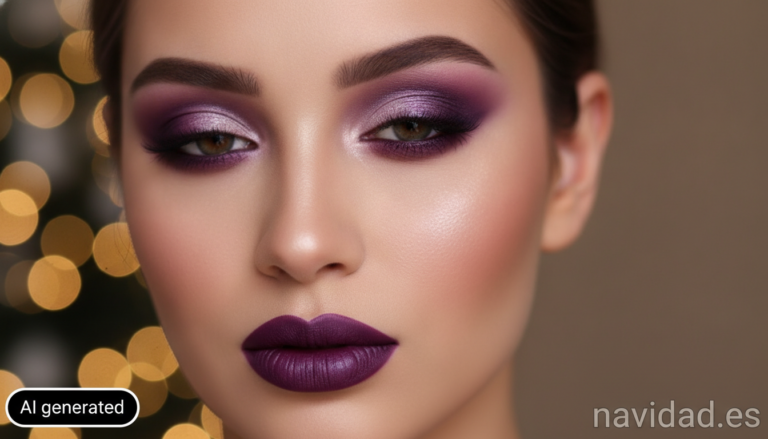 Close-up beauty shot of a woman's face with elegant purple and plum eyeshadow makeup and matching deep purple lipstick, fe...