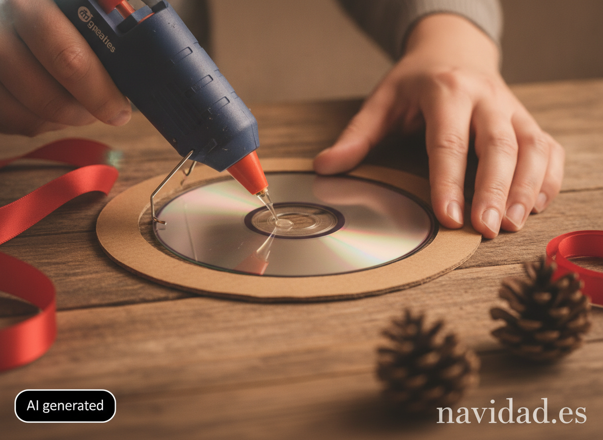 Corona navideña con CD reciclados: manualidad fácil paso a paso 1 Manos pegando un CD sobre la base de la corona navideña